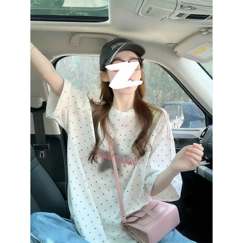 220g 순면 리브 네클라인 이후 테두리 도트 무늬 프린트 포밍 알파벳 반팔 티셔츠 여성 이미지 4
