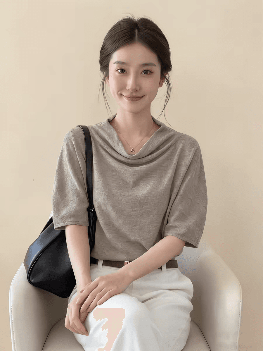 프랑스식 사소한 커피 색상 흔들다 칼라 반팔 티셔츠 여성 2026 여름 새로운 디자인 센스 루즈핏 느긋한 품격 맨위 상세 이미지 4