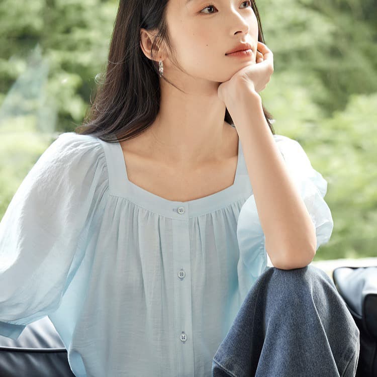 구름 센스 아세트산 시폰 셔츠 여성 여름 새로운 우아함 출퇴근 광장 칼라 얇고 가벼운 루즈핏 맨위 상세 이미지 1