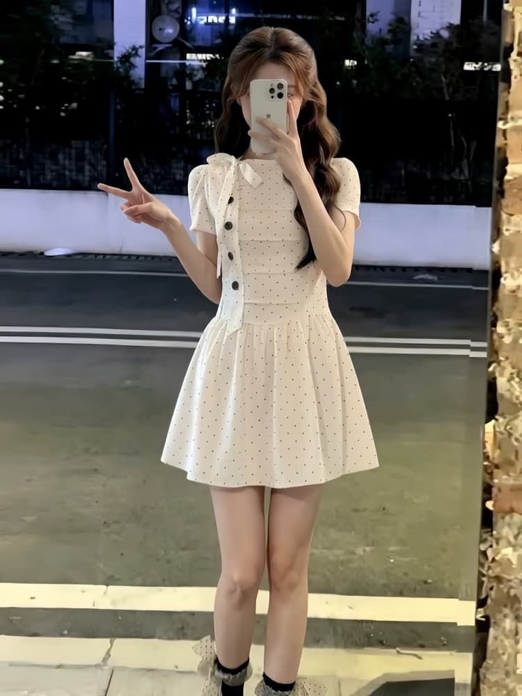 miu 부서 착용 가져 가라. 프랑스식 화이트 도트 무늬 드레스 아이들 여름 2026 새로운 작은 키 허리 수축 한 마디 미니 스커트 상세 이미지 2
