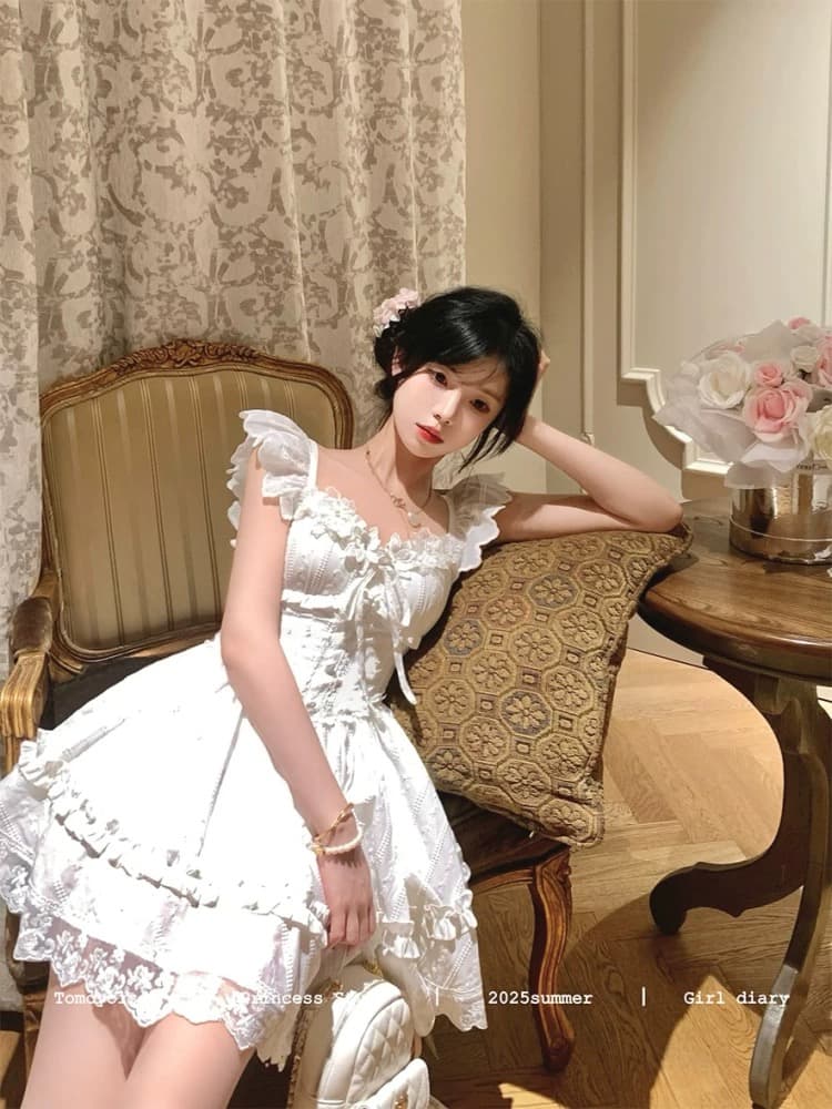 tomoyois 알고있다. 세계 배 화이트 페인트 여름 자수 레이스 달콤함 허리 수축 작은 날다 소매 첫사랑 샤오 바이 치마 퍼프 스커트 상세 이미지 2