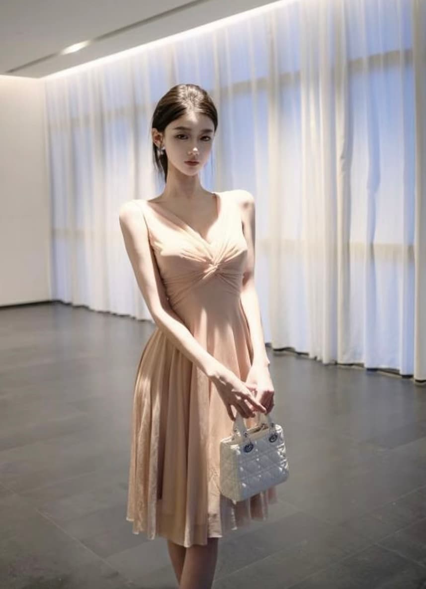 봄날 사역 부드러운 분말 흐름 실 프랑스식 순수한 욕망 바람 여름 V넥 비틀림 민소매 드레스 이미지 2