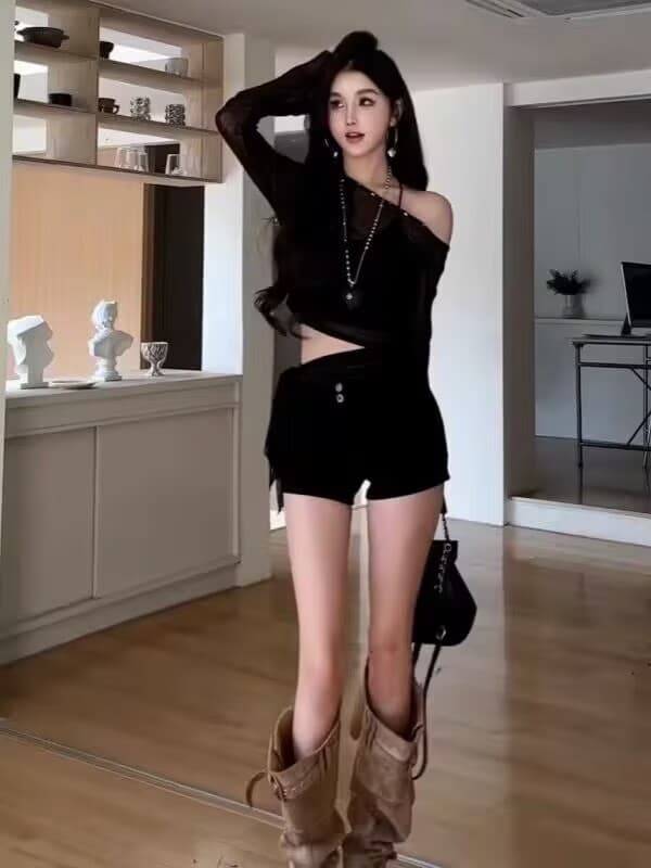 순수한 욕망 바람 핫걸 섹시함 비스듬한 어깨 긴팔 티셔츠 여성 봄 여름 새로운 디자인 센스 자외선 차단 블라우스 얇은 스타일 맨위 이미지 3