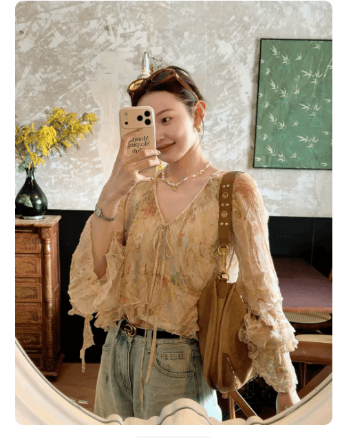 feimao 프랑스식 V넥 꽃무늬 디자인 센스 프릴 자외선 차단 쉬폰 셔츠 Tulle 외부 가져 가라. 나팔 소매 작은 셔츠 이미지 2