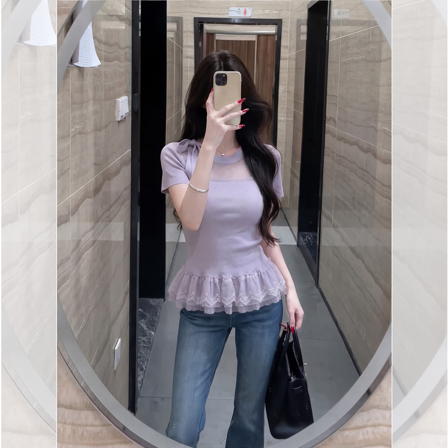 프랑스식 달콤한 스타일 보라색 V넥 반팔 프릴 프릴 슬림해 보이는 2026 여름 새로운 티셔츠 맨위 여성 이미지 4