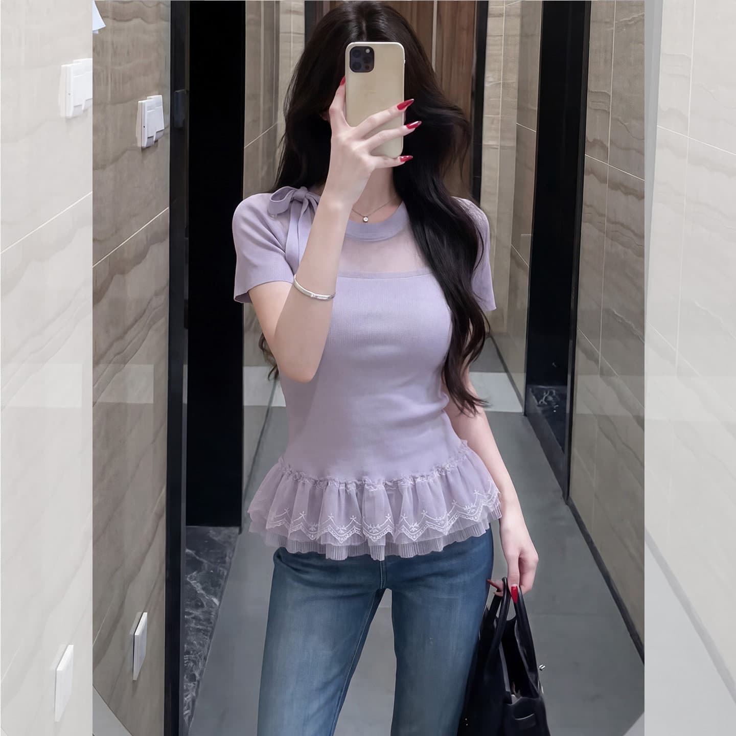 프랑스식 달콤한 스타일 보라색 V넥 반팔 프릴 프릴 슬림해 보이는 2026 여름 새로운 티셔츠 맨위 여성 상세 이미지 2