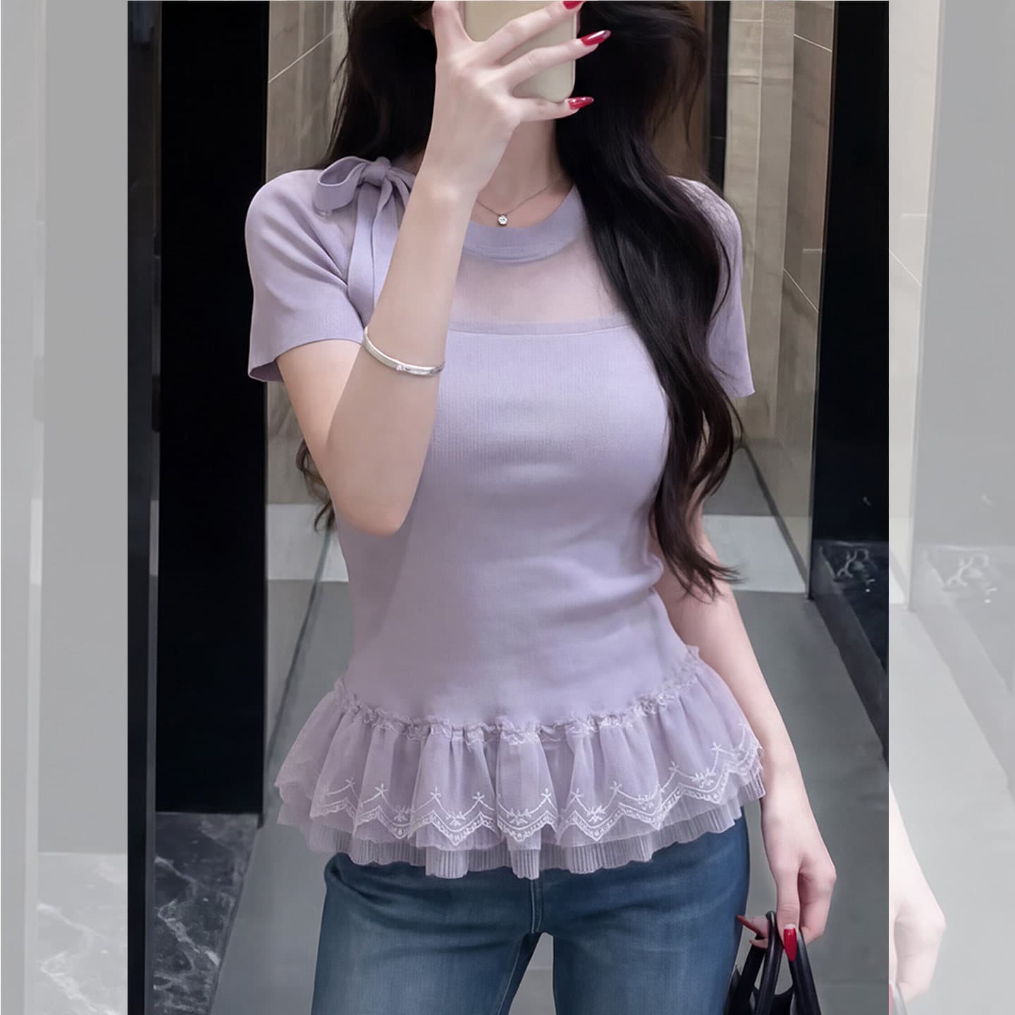프랑스식 달콤한 스타일 보라색 V넥 반팔 프릴 프릴 슬림해 보이는 2026 여름 새로운 티셔츠 맨위 여성 상세 이미지 3