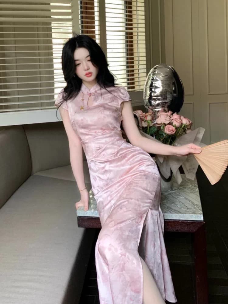 새로운 중식 국풍 롱 스커트 여름 허리 수축 슬림해 보이는 고급 센스 스탠드 칼라 자카드 새틴 개선 치파오 여성 드레스 이미지 3