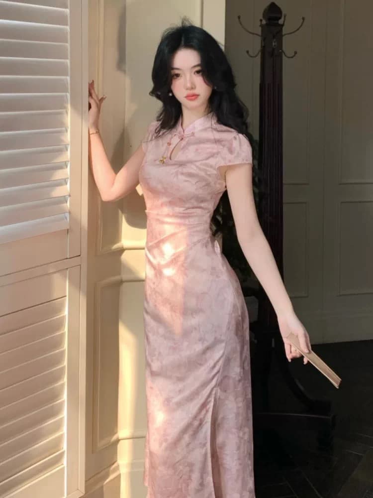 새로운 중식 국풍 롱 스커트 여름 허리 수축 슬림해 보이는 고급 센스 스탠드 칼라 자카드 새틴 개선 치파오 여성 드레스 상세 이미지 1