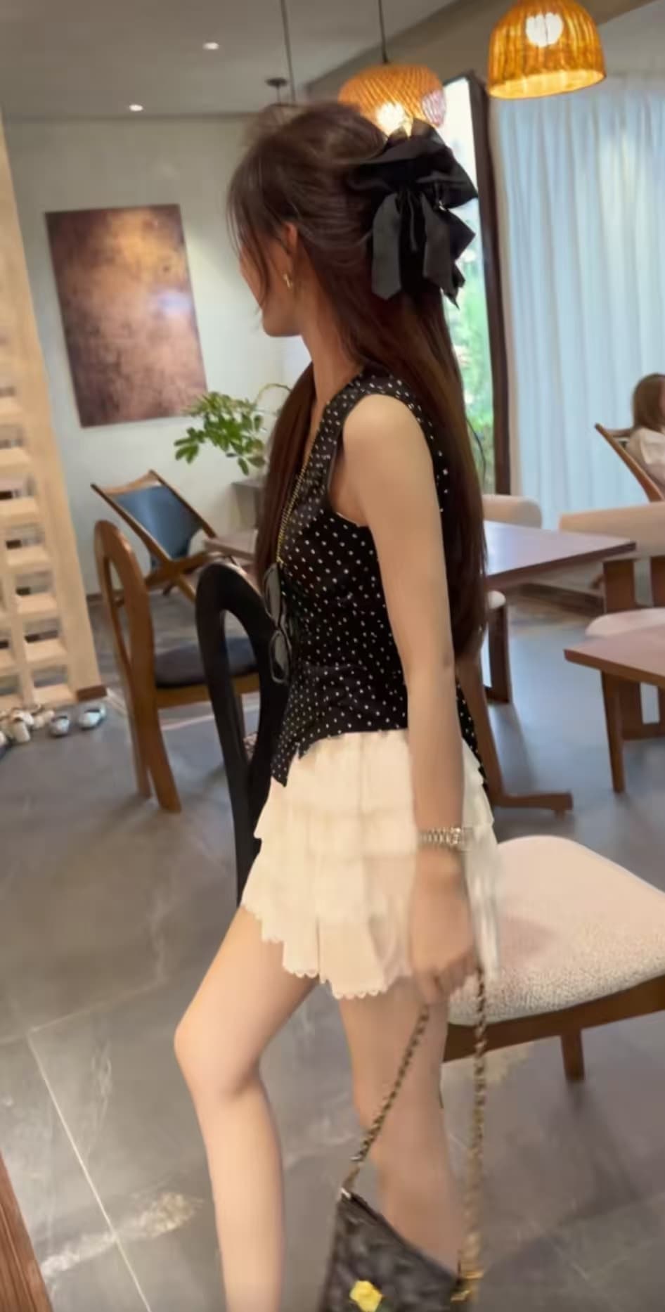 여름 새로운 빛 요리 한 우아함 폭풍 고대 검정색 도트 무늬 v 수신 캐미솔 반신 치마 세트 이미지 2