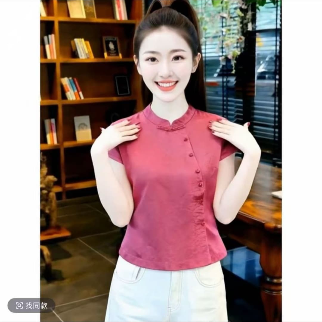 여름 켜기 새로운 레트로 새로운 중식 국풍 스탠드 칼라 긍정적 인 어깨 반팔 셔츠 맨위 여름 새로운 슬림해 보이는 패션 이미지 3