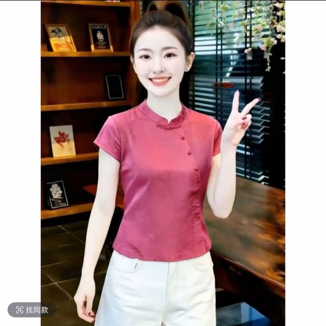 여름 켜기 새로운 레트로 새로운 중식 국풍 스탠드 칼라 긍정적 인 어깨 반팔 셔츠 맨위 여름 새로운 슬림해 보이는 패션 상세 이미지 1