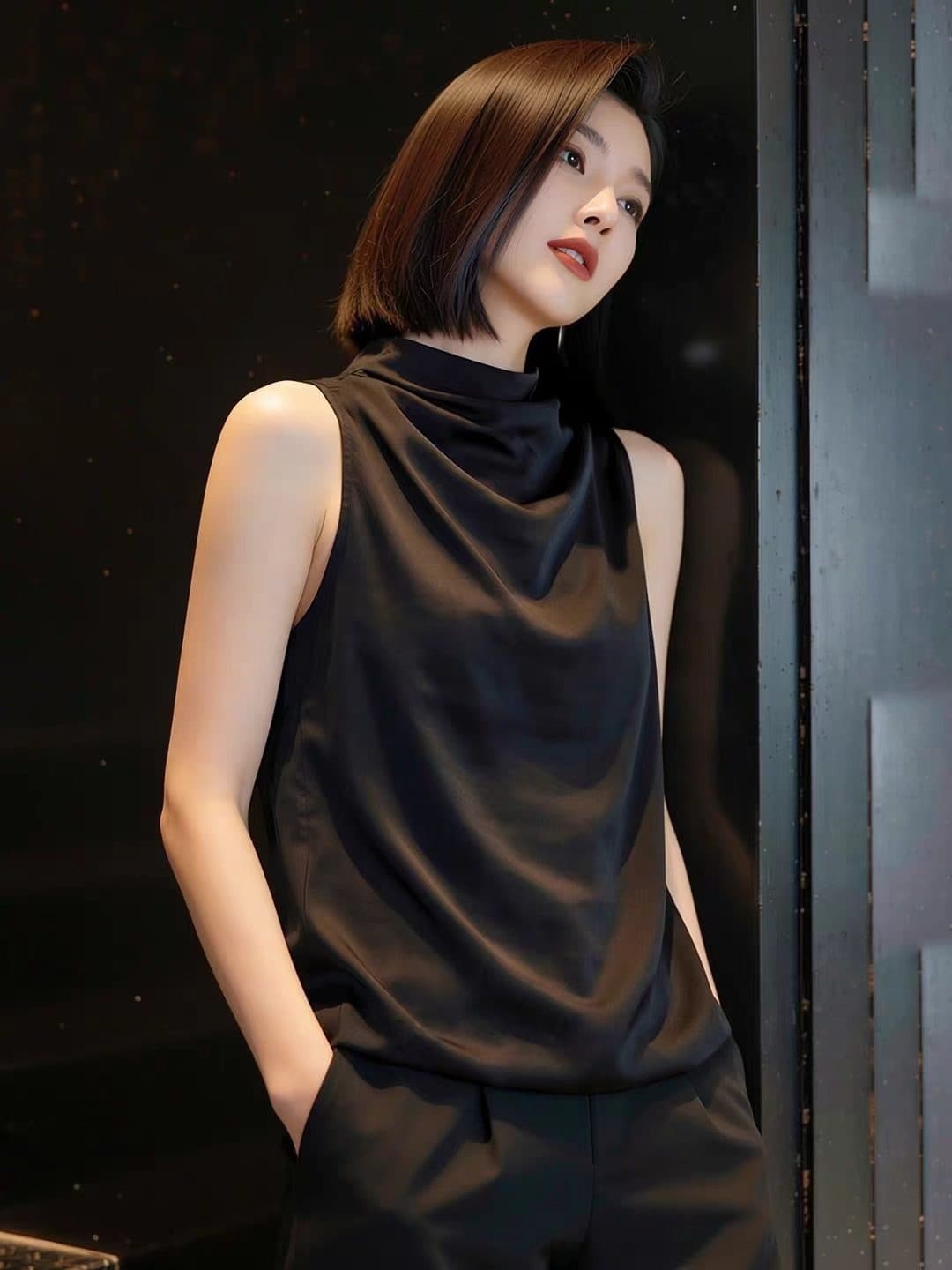 2026 여름 새로운 패션 출퇴근 바람 민소매 맨위 여성 검정색 흔들다 칼라 주름 루즈핏 슬림해 보이는 다용도 품격 상세 이미지 3