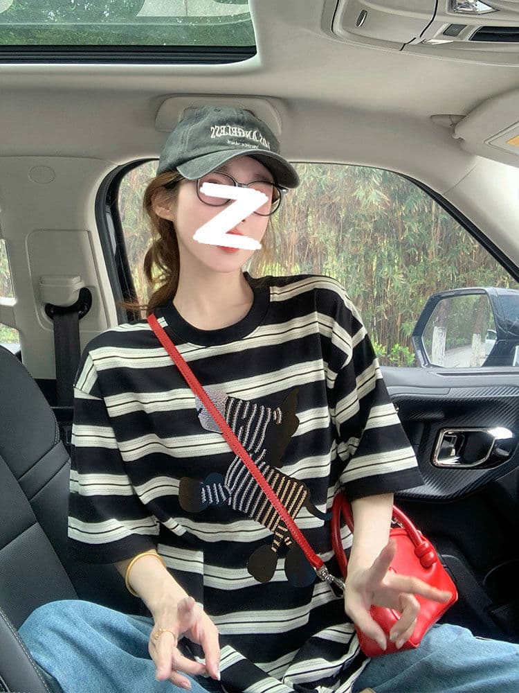 정가 원본 원단 이후 패키지 칼라 자수 스트라이프 반팔 티셔츠 여성 새로운 여름 아메리칸 레트로 이미지 2