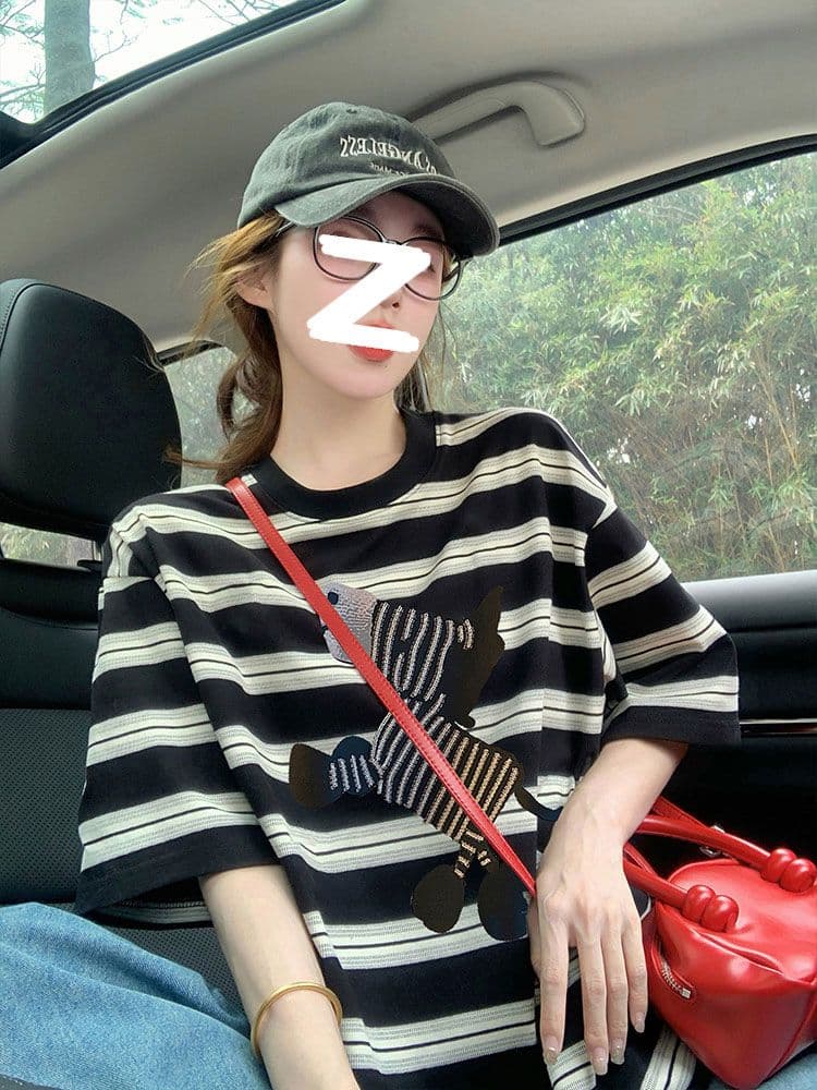 정가 원본 원단 이후 패키지 칼라 자수 스트라이프 반팔 티셔츠 여성 새로운 여름 아메리칸 레트로 이미지 3