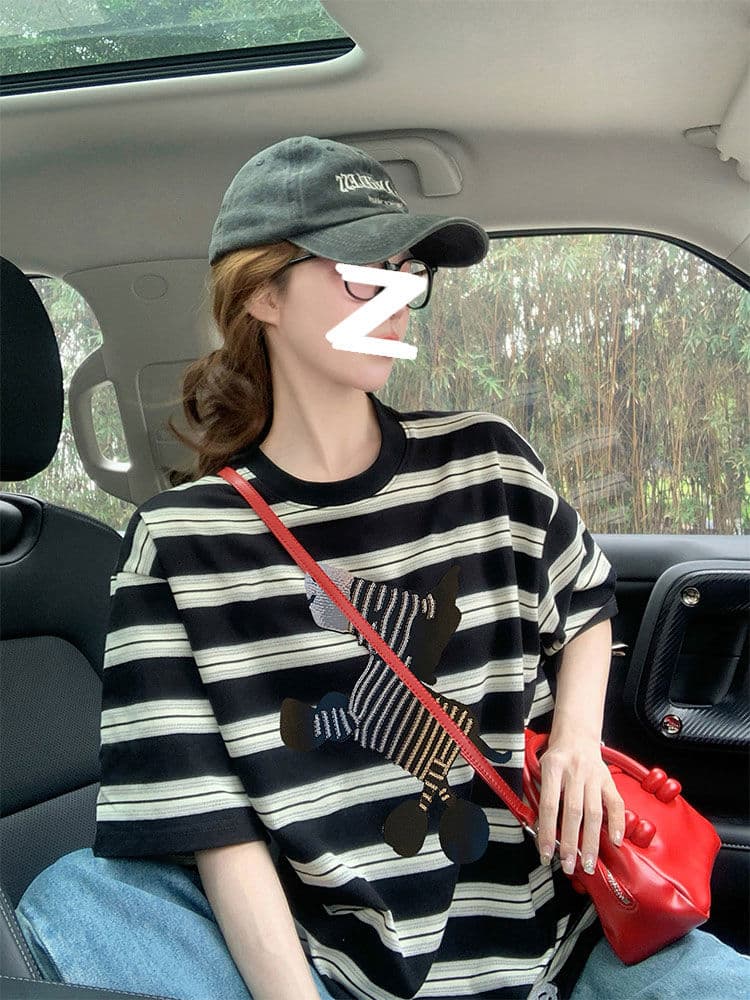 정가 원본 원단 이후 패키지 칼라 자수 스트라이프 반팔 티셔츠 여성 새로운 여름 아메리칸 레트로 이미지 4