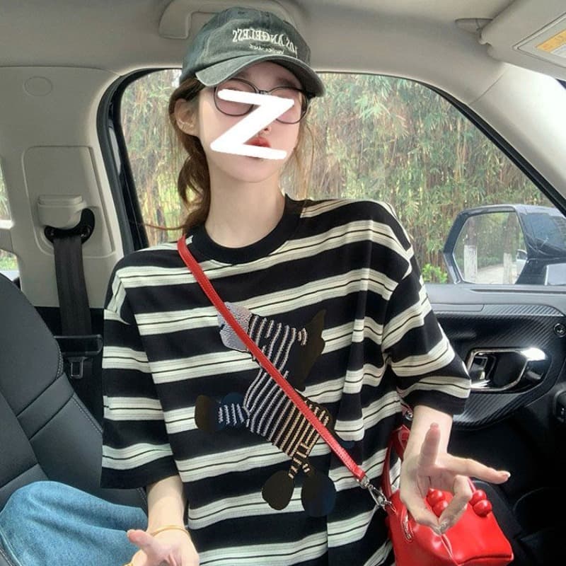 정가 원본 원단 이후 패키지 칼라 자수 스트라이프 반팔 티셔츠 여성 새로운 여름 아메리칸 레트로 이미지 5