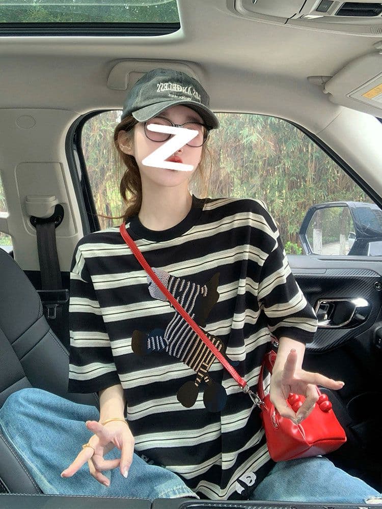 정가 원본 원단 이후 패키지 칼라 자수 스트라이프 반팔 티셔츠 여성 새로운 여름 아메리칸 레트로 상세 이미지 2