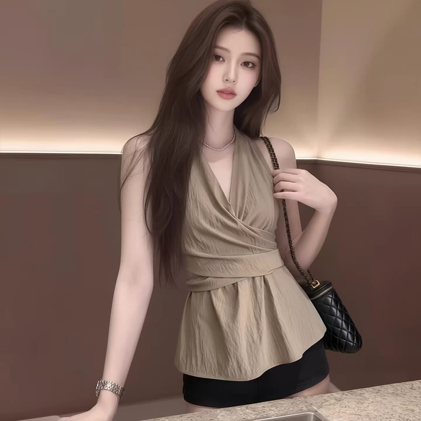 강하다 물품 닫힌 눈 입력 프랑스식 핫걸 민소매 V넥 행침 목 여성 셔츠 여름 허리 수축 슬림해 보이는 품격 맨위 트렌디 이미지 4