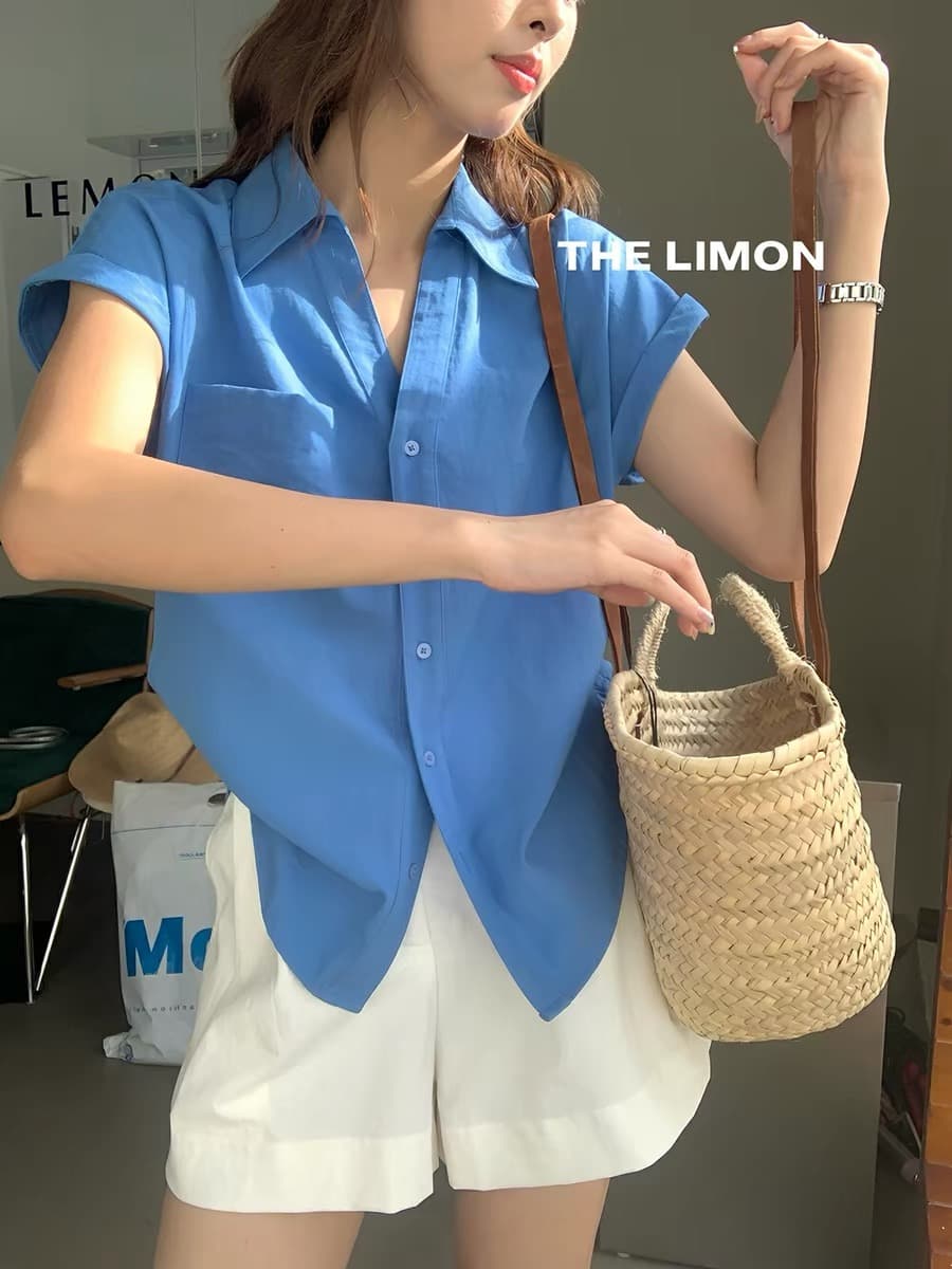 한 부서 고급 센스 작은 날다 소매 POLO 칼라 반팔 여성 셔츠 여름 루즈핏 고유 한 아름다운 면 린넨 폴로 칼라 맨위 이미지 4