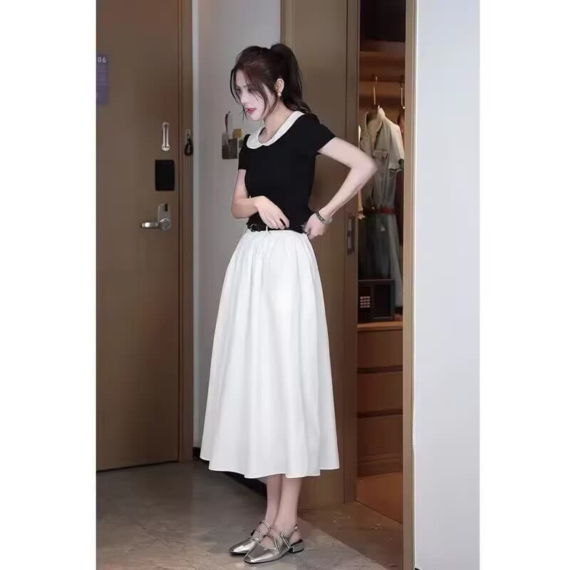 한 부서 chic Chic 투피스 세트 품격 연령 감소 베이비 칼라 반팔 티셔츠 여성 표지 넓적 다리 하이웨이스트 반신 치마 세트 이미지 2