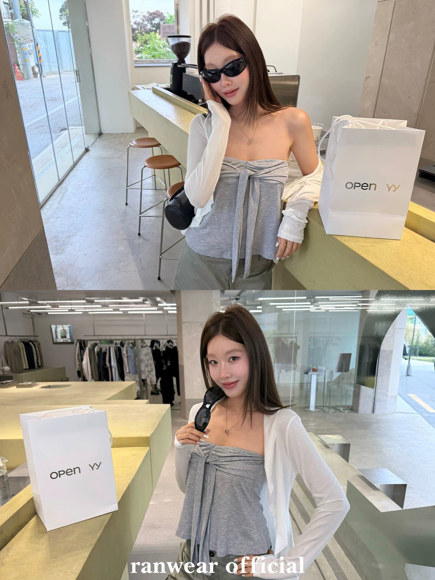 ranwear 밤나무 榛 숙련 된 100 라이 경기 서울 통기성 자외선 차단 비틀림 스트랩 튜브탑 프릴 오픈 가디건 세트 이미지 3