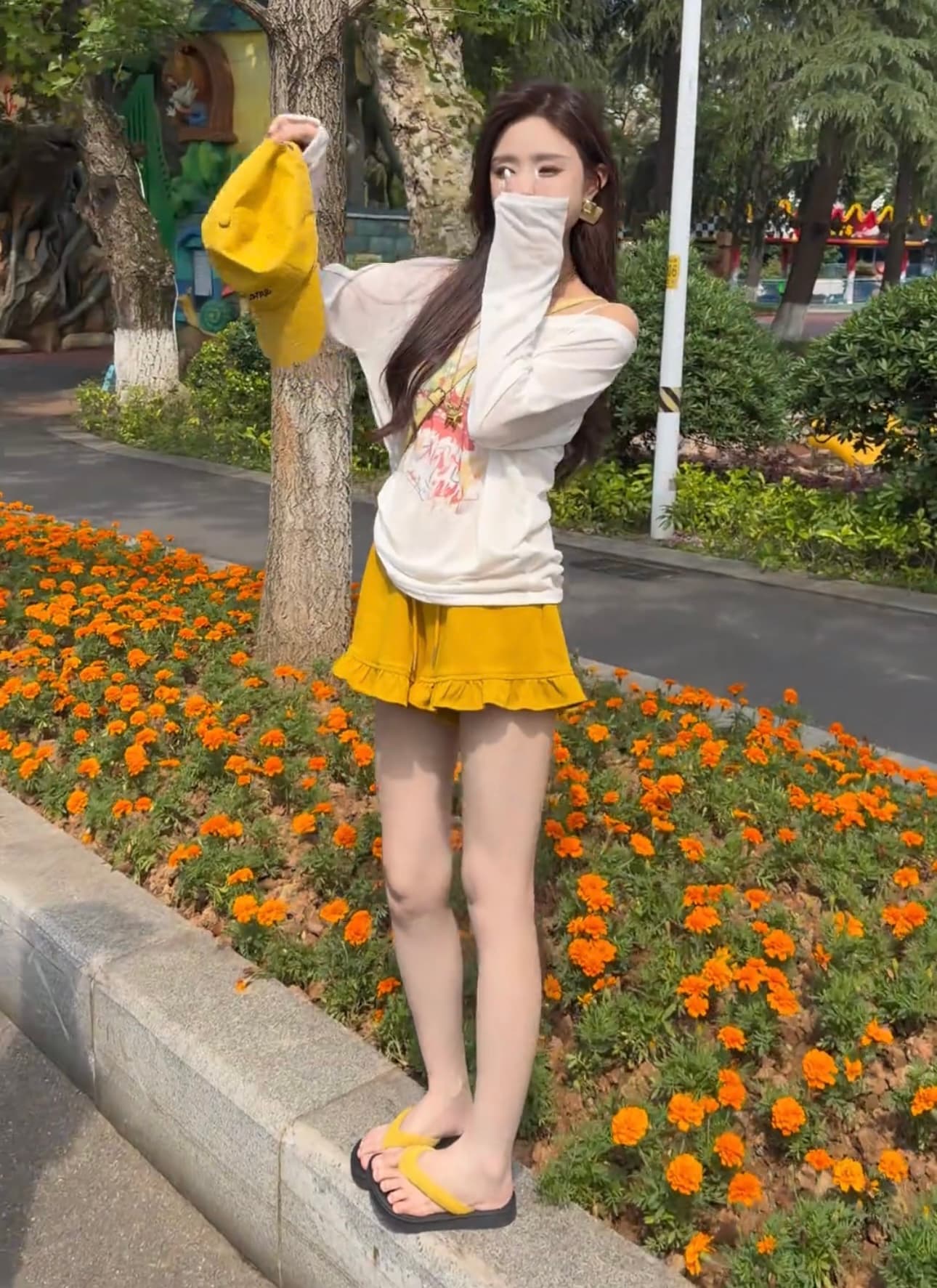 샤오 크릭 의류 여름 새로운 느긋한 바람 태양 보호 셔츠 캐주얼 프린트 오프숄더 루즈핏 티셔츠 2316 바지 이미지 4