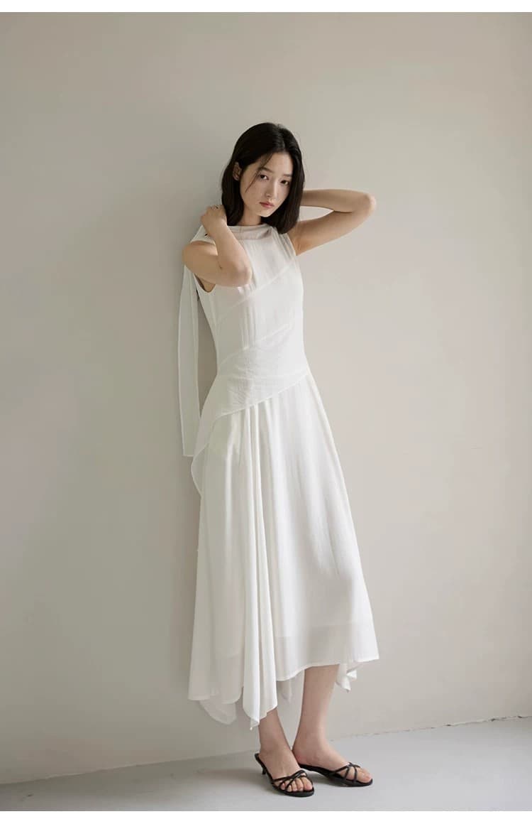프랑스식 우아함 화이트 흔들다 칼라 민소매 여성 드레스 여름 리본 디자인 센스 조끼 스커트 상세 이미지 3