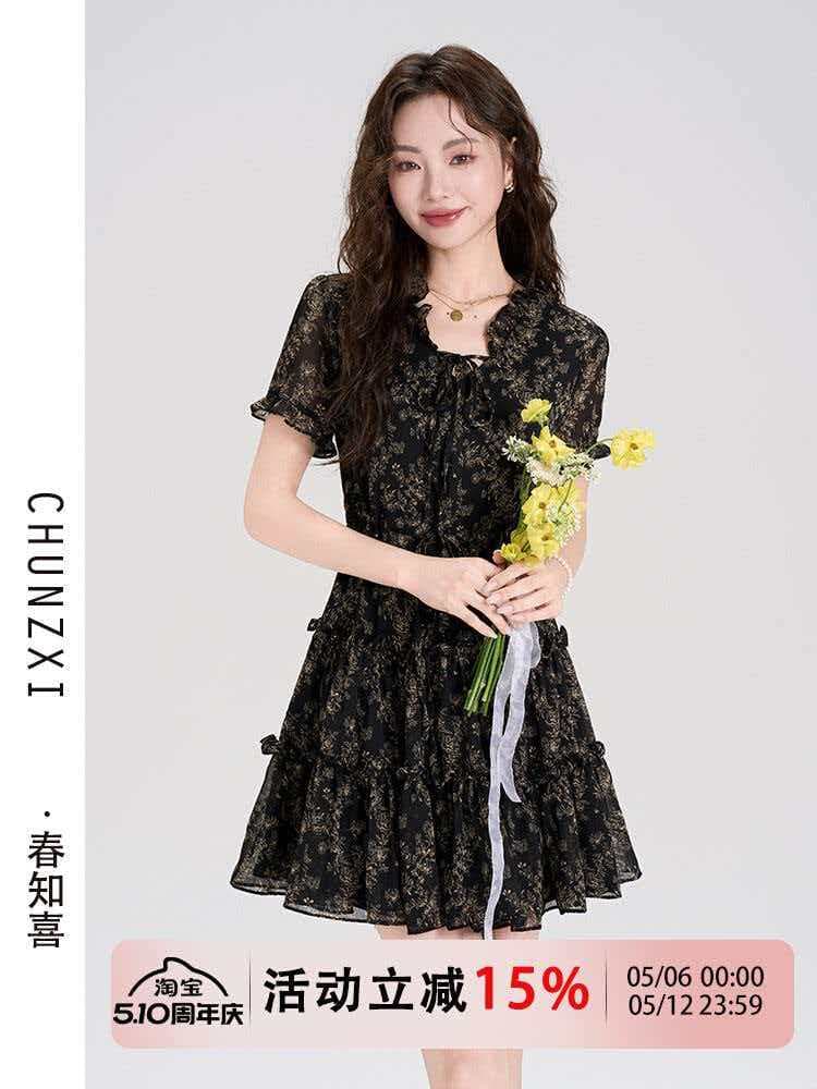 봄 알고있다. 안녕하세요. 작은 키 꽃무늬 쉬폰 여성 드레스 여름 새로운 허리 수축 슬림해 보이는 한 마디 치마 품격 미니 스커트 이미지 3