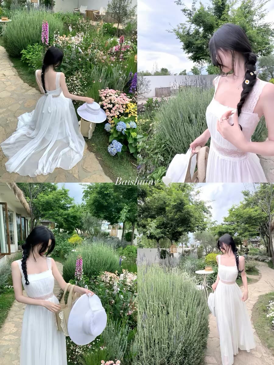 화이트 워터 여성 꽃 와 앨리스 광장 칼라 레이스 치마 여성 여름 휴가 바람 도루 센스 슬림해 보이는 큰 진자 드레스 상세 이미지 2