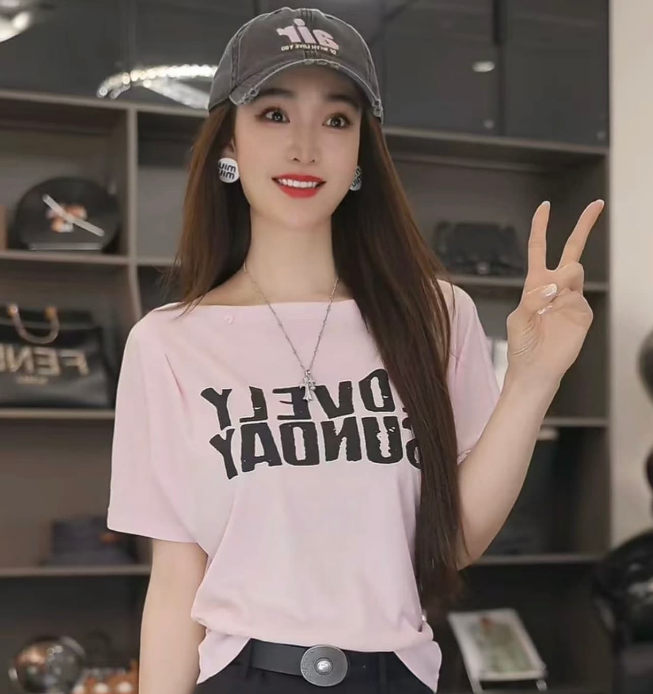2026 여름 오프숄더 마 오래된 알파벳 반팔 티셔츠 얇은 스타일 맨위 상세 이미지 3