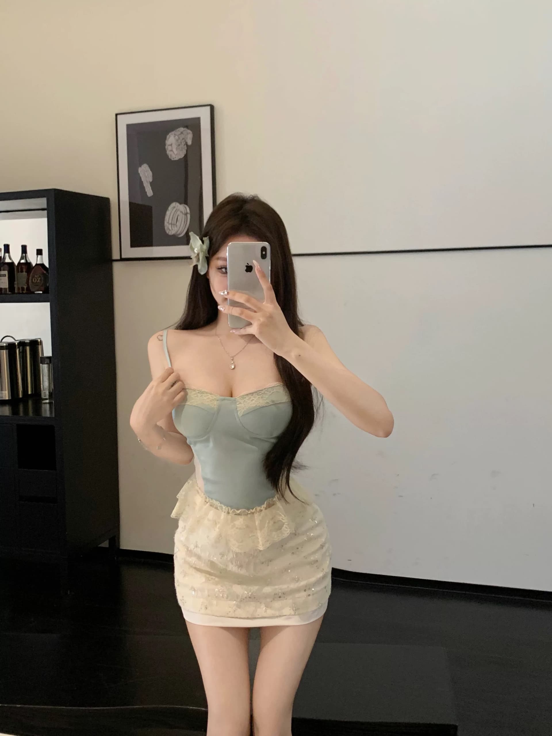 uk black 우는 소리 우는 소리 미시 봄 여름 순수한 욕망 녹색 행침 목 레이스 슬립 스팽글 모피 반신 스커트 이미지 4