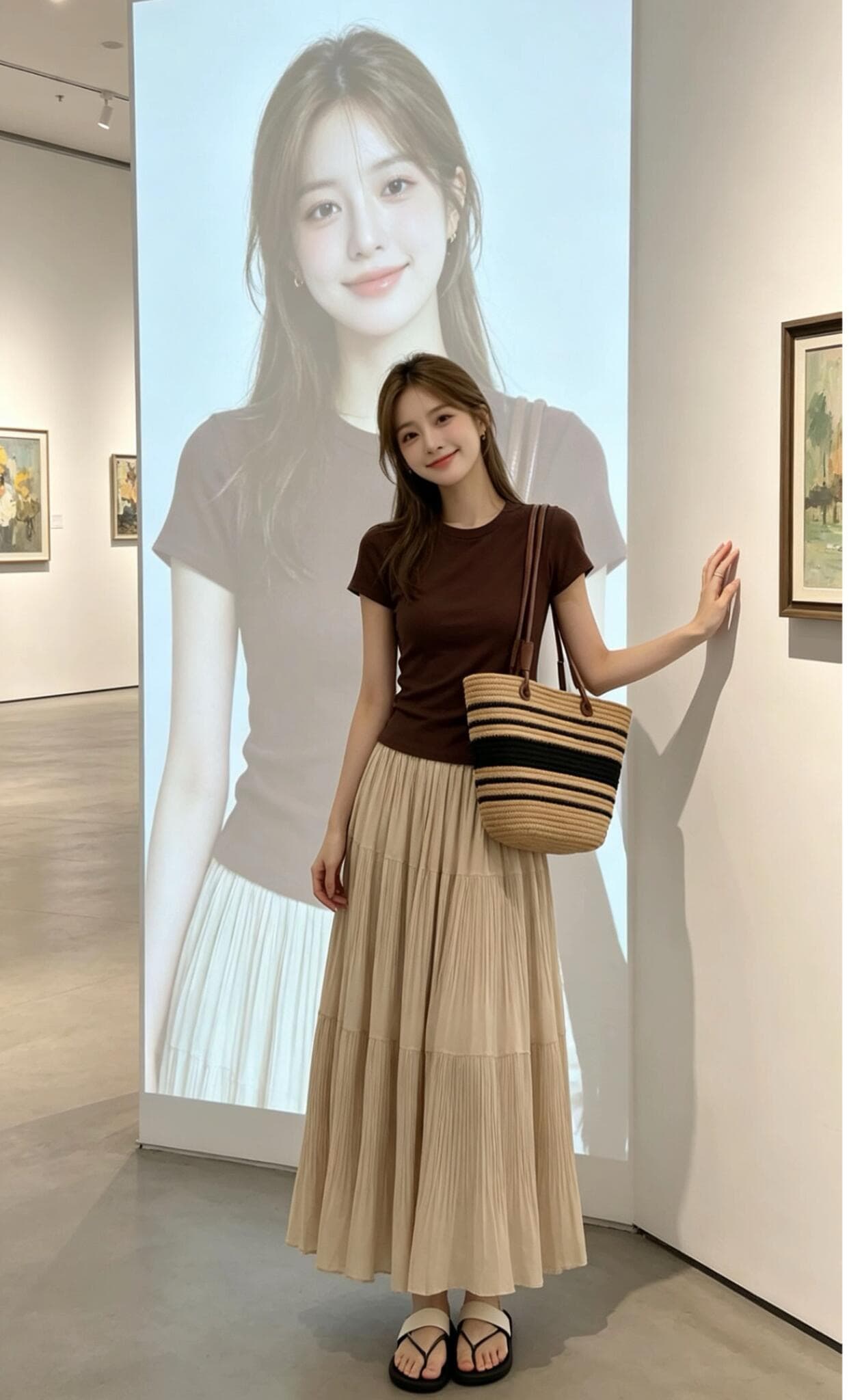 로얄 자매 빛 요리 한 바람 세트 여성 여름 새로운 커피 색상 반팔 니트 스웨터 플리츠 반신 롱 스커트 슬림해 보이는 투피스 세트 상세 이미지 3