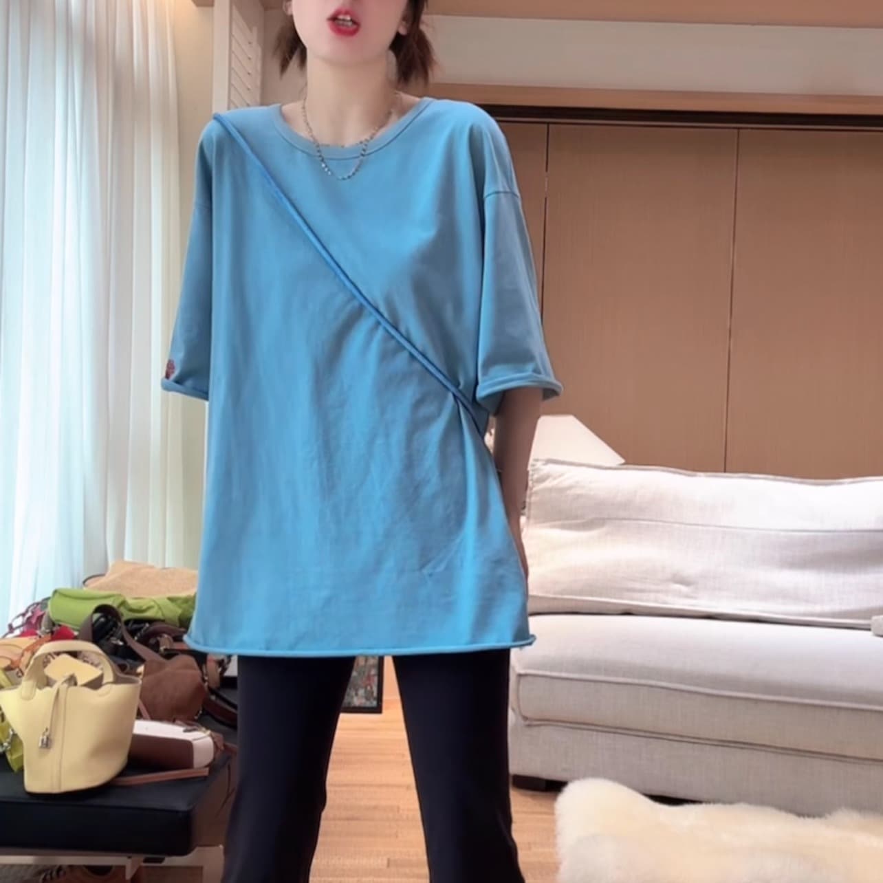 박하 여름 반소매 루즈핏 외국 가스 슬림해 보이는 패션 다용도 여름 반팔 티셔츠 여성 이미지 5