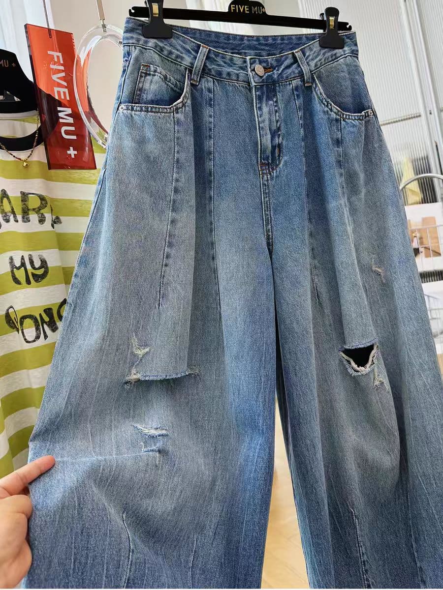 2026 슈퍼 화재 oversize 캐주얼 찢어진 부분 청바지 여성 여름 고유 한 얇은 스타일 느긋한 바람 느슨함 센스 바지 상세 이미지 1