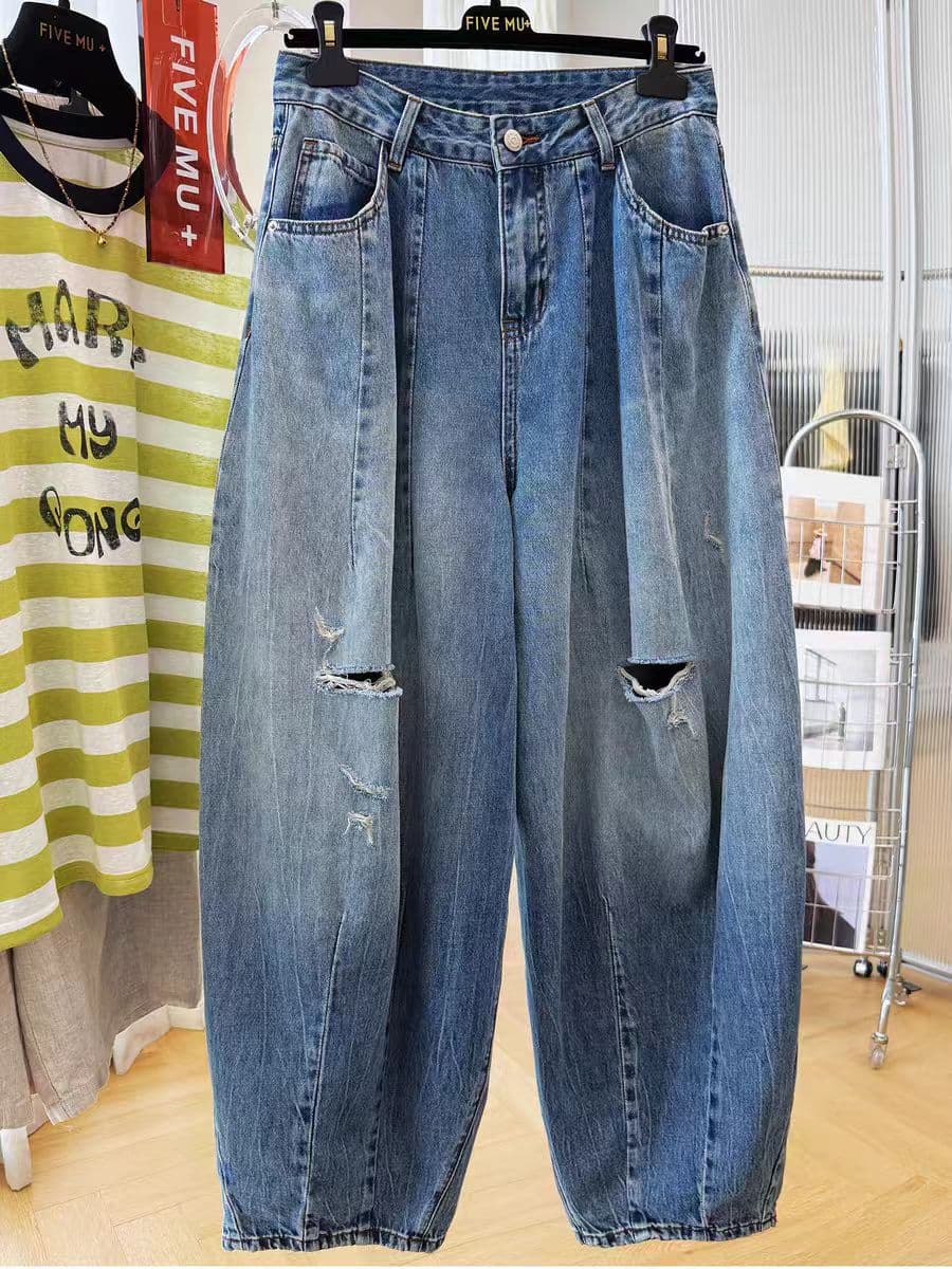 2026 슈퍼 화재 oversize 캐주얼 찢어진 부분 청바지 여성 여름 고유 한 얇은 스타일 느긋한 바람 느슨함 센스 바지 상세 이미지 3