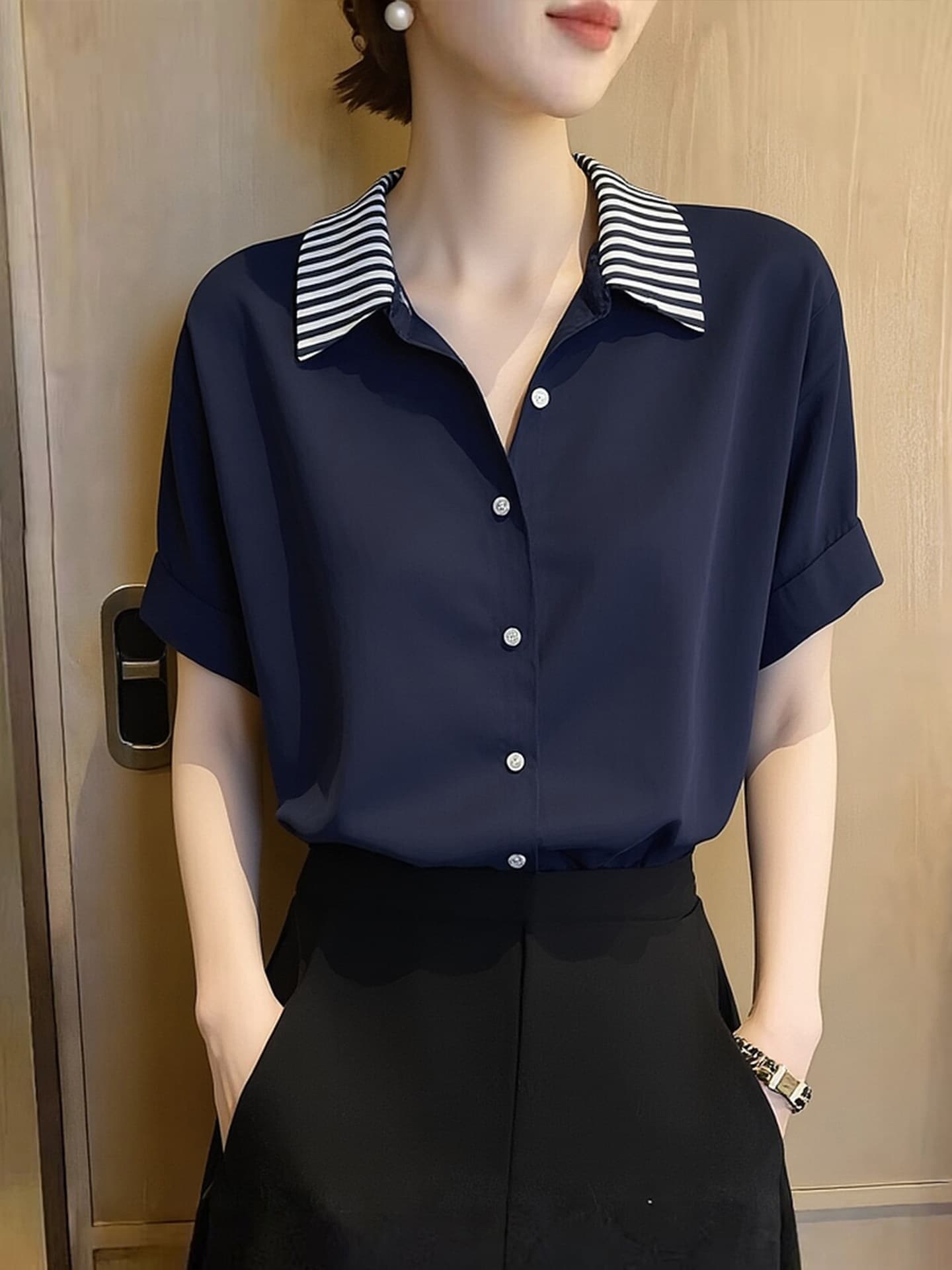 프랑스식 품격 블루 색상 POLO 칼라 반팔 여성 셔츠 2026 여름 새로운 스트라이프 패치워크 루즈핏 슬림해 보이는 맨위 상세 이미지 2