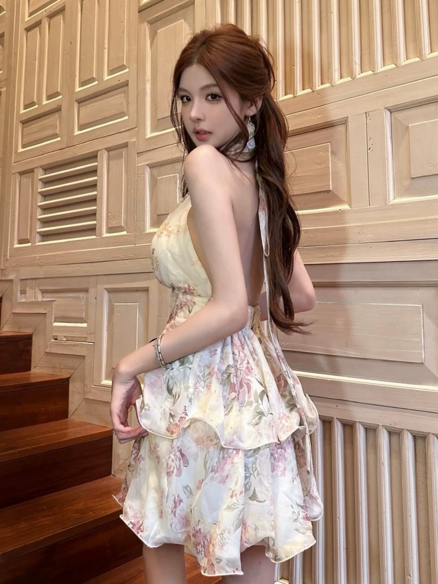여름 프롤로그 요정 휴가 바람 이중층 프릴 꽃무늬 행침 목 드레스 상세 이미지 1