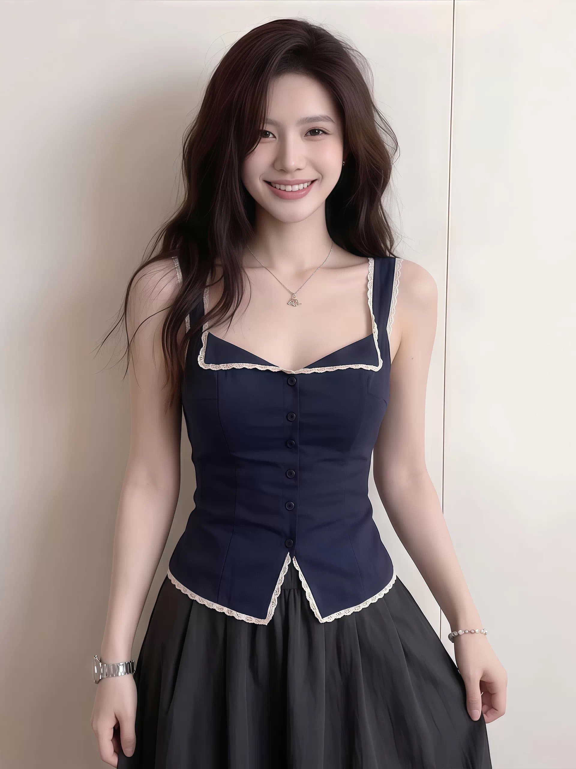 2026 년 슈퍼 요정 디자인 센스 빛 요리 한 바람 어두운 색 차가운 센스 광장 칼라 레이스 레이스 싱글 줄 버튼 허리 수축 슬립 여성 의류 상세 이미지 3