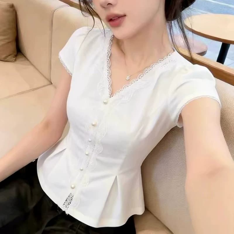 프랑스식 달콤한 매운맛 바람 레이스 레이스 반팔 여성 셔츠 2026 여름 새로운 우아함 다용도 허리 수축 슬림해 보이는 셔츠 이미지 5
