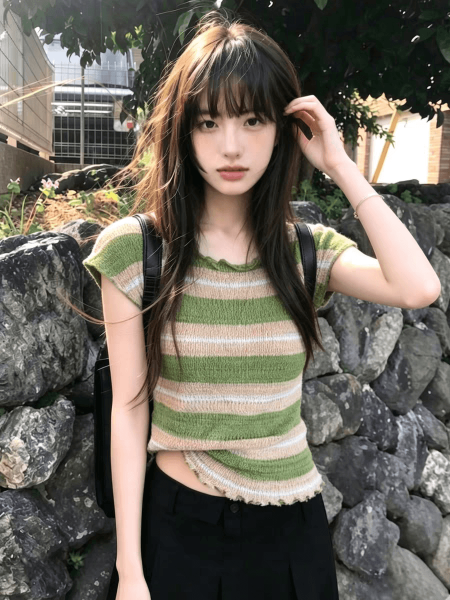 한 부서 프릴 스트라이프 민소매 니트 스웨터 여성 여름 2026 새로운 연령 감소 다용도 몸매 가꾸기 작은 날다 소매 맨위 상세 이미지 1