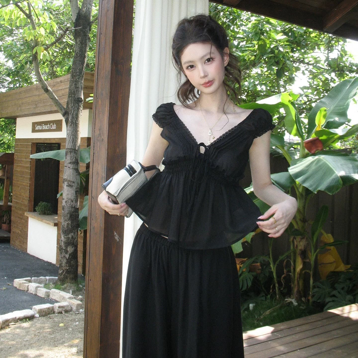 감사합니다. 아니요 고기 V넥 프릴 거품 소매 티셔츠 여성 여름 부드러운 바람 몸매 가꾸기 슬림해 보이는 캐주얼 다용도 맨위 이미지 5