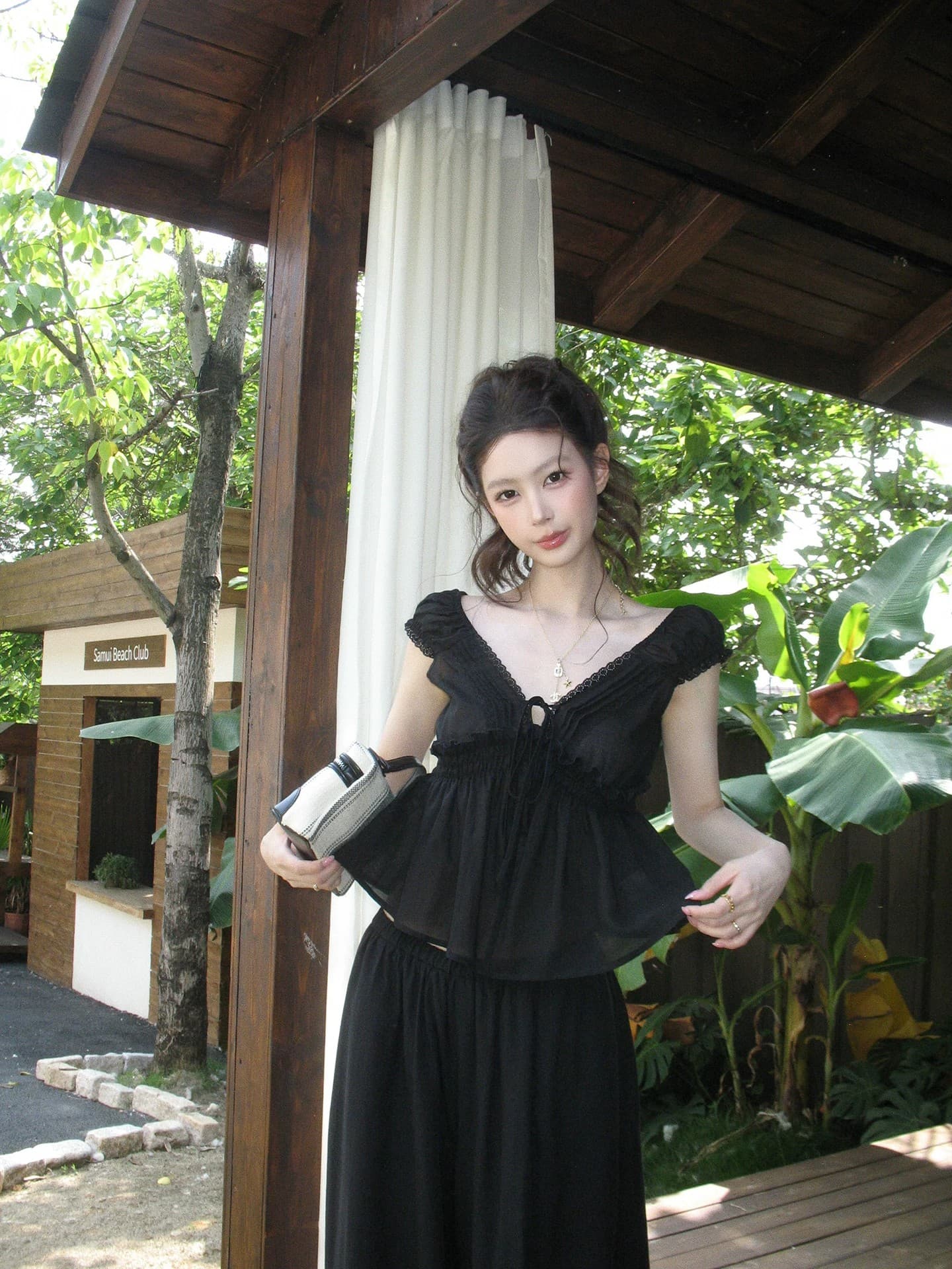 감사합니다. 아니요 고기 V넥 프릴 거품 소매 티셔츠 여성 여름 부드러운 바람 몸매 가꾸기 슬림해 보이는 캐주얼 다용도 맨위 상세 이미지 4