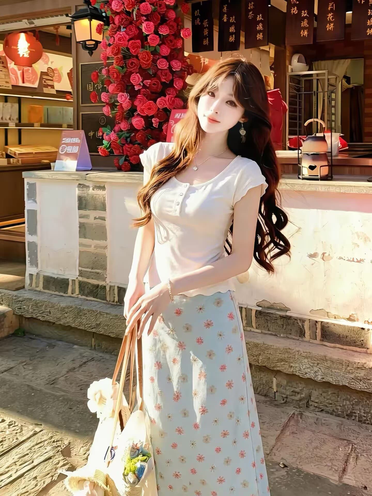 미니멀리즘 몸매 가꾸기 작은 날다 소매 티셔츠 맨위 여성 초여름 착용 가져 가라. 전체 집합 꽃무늬 인어 꼬리 반신 롱 스커트 투피스 세트 상세 이미지 4