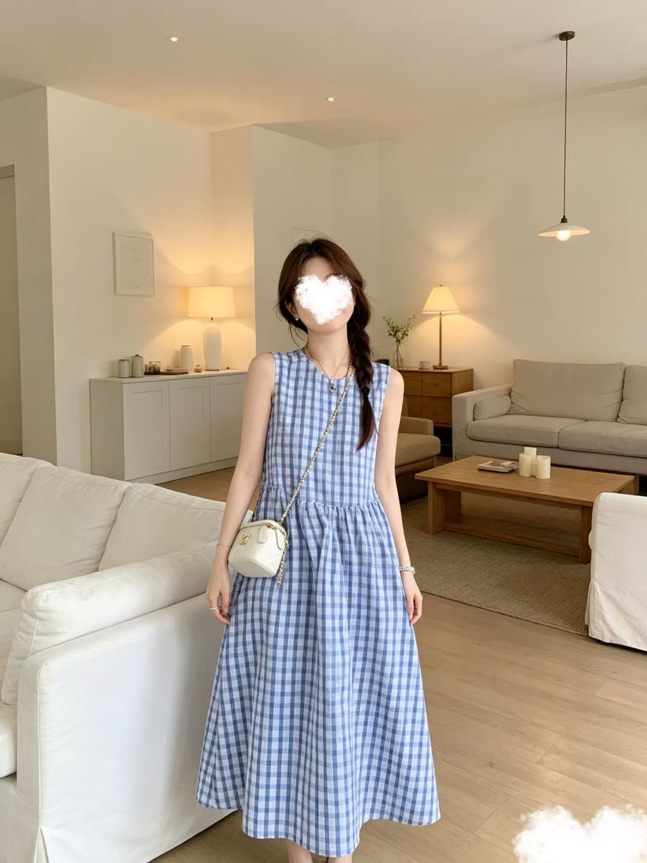 천 루 시시 블루스 중간 길이 루즈핏 한 마디 체크무늬 백리스 민소매 조끼 여성 드레스 이미지 2