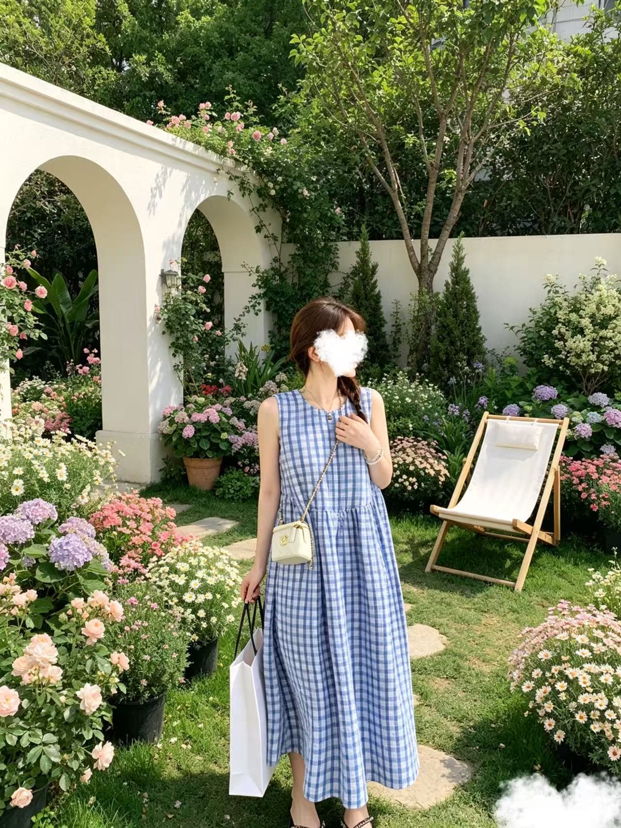 천 루 시시 블루스 중간 길이 루즈핏 한 마디 체크무늬 백리스 민소매 조끼 여성 드레스 이미지 3