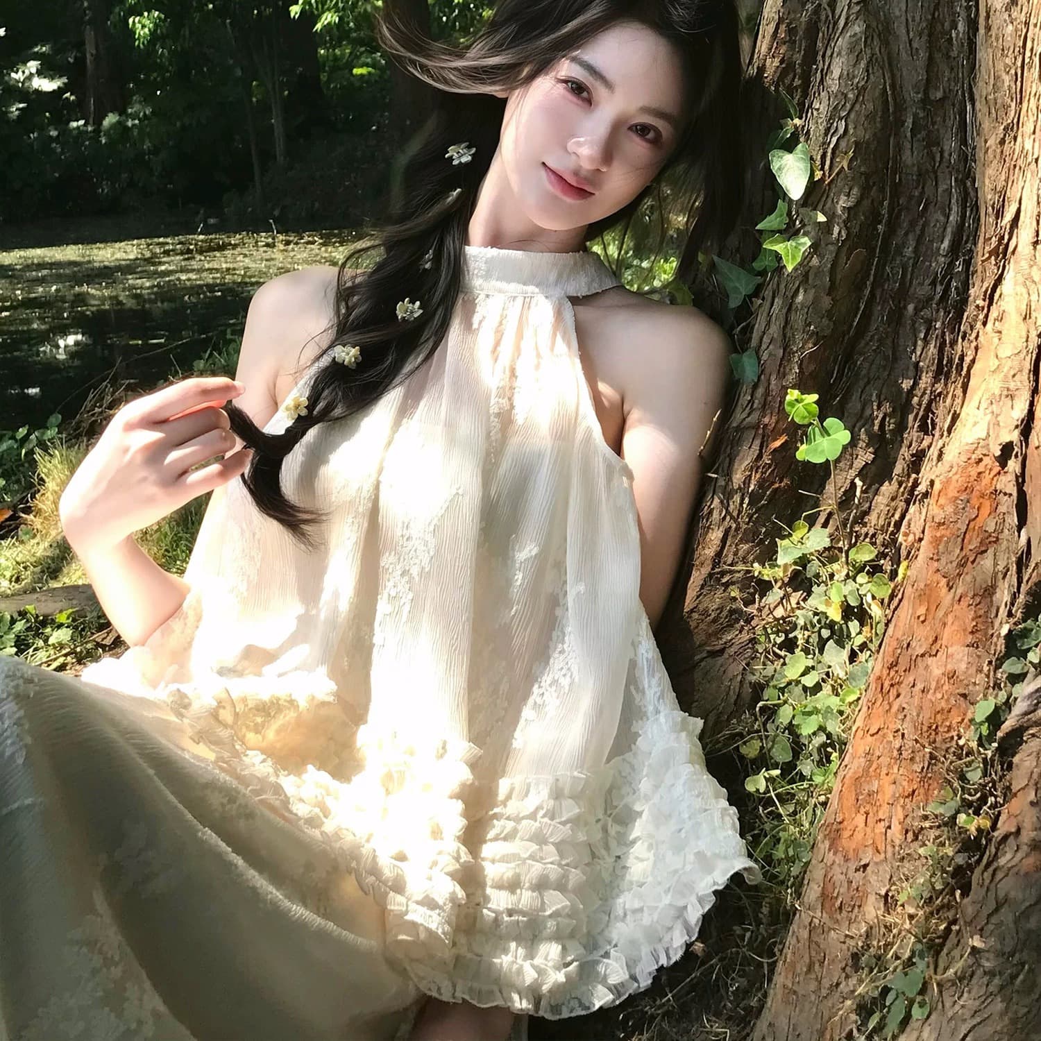 하나부터 순간 향나무 부드러운 바람 새로운 중식 행침 목 절단 어깨 의류 하이웨이스트 질감 센스 반 스커트 투피스 세트 이미지 5