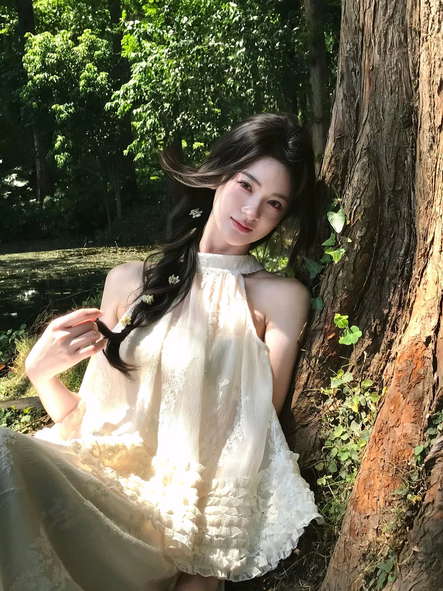 하나부터 순간 향나무 부드러운 바람 새로운 중식 행침 목 절단 어깨 의류 하이웨이스트 질감 센스 반 스커트 투피스 세트 상세 이미지 1