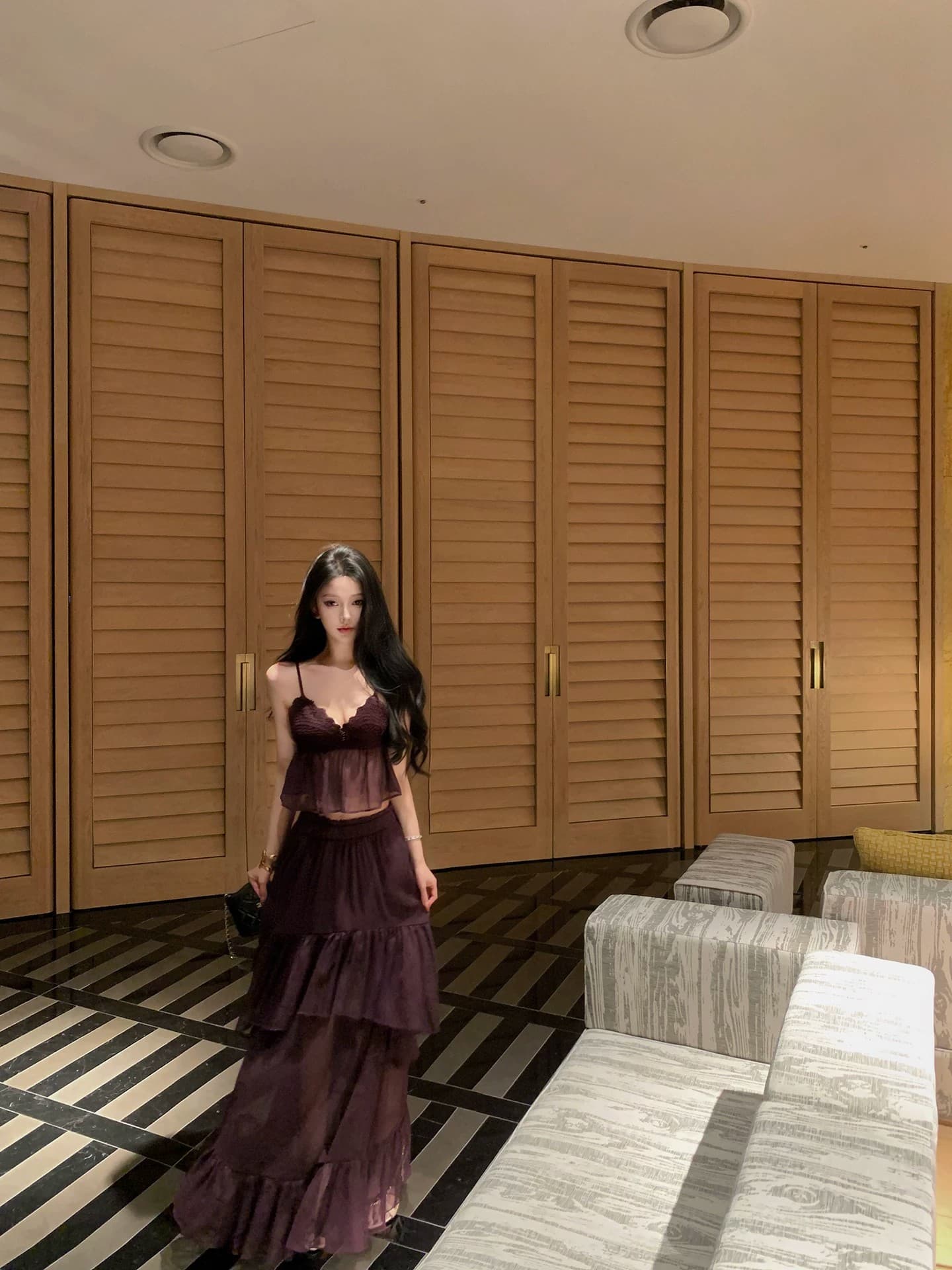 jayky yang 팬 스택 짙은 향기 수공 짜임 캐미솔 다중 레이어 주름 롱 코트 반신 치마 세트 상세 이미지 1