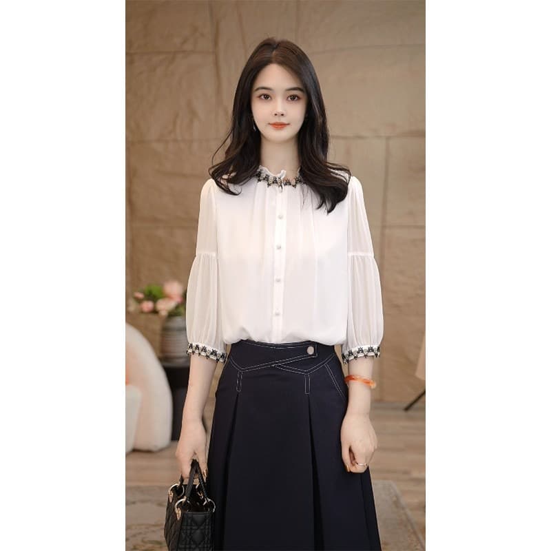 더블 색상 반팔 고급 센스 새로운 셔츠 셔츠 캐주얼 품격 여성 품질 이미지 5